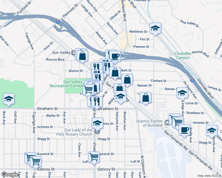 map of restaurants, bars, coffee shops, grocery stores, and more near 8131 San Fernando Road in Los Angeles