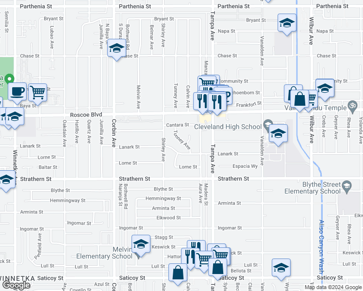 map of restaurants, bars, coffee shops, grocery stores, and more near 8153 Tunney Avenue in Los Angeles