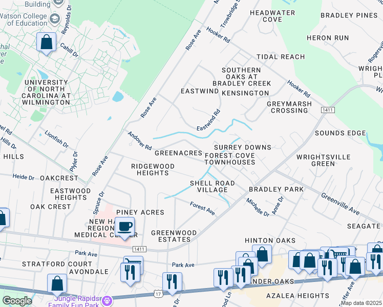 map of restaurants, bars, coffee shops, grocery stores, and more near 5431 Andover Road in Wilmington
