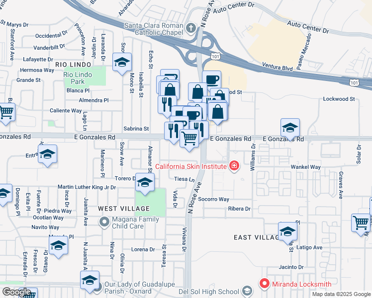 map of restaurants, bars, coffee shops, grocery stores, and more near 1654 East Gonzales Road in Oxnard
