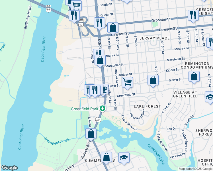 map of restaurants, bars, coffee shops, grocery stores, and more near 307 Martin Street in Wilmington