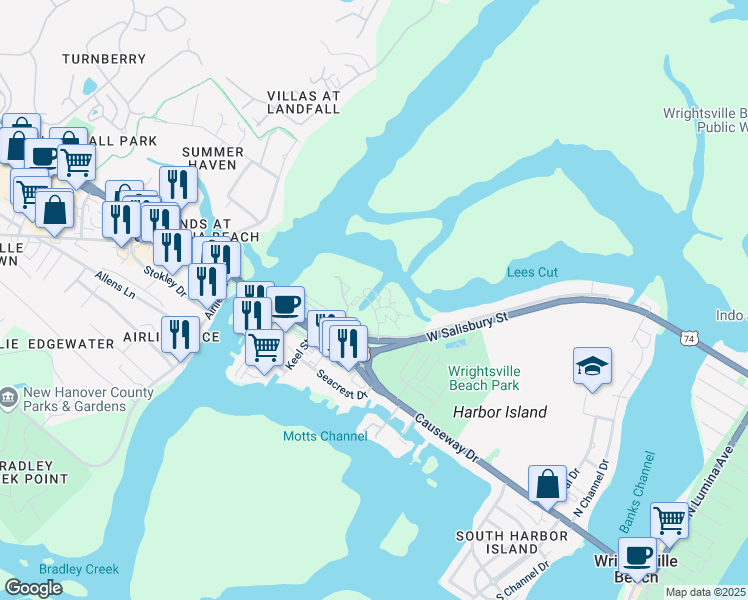 map of restaurants, bars, coffee shops, grocery stores, and more near 130 Driftwood Court in Wrightsville Beach