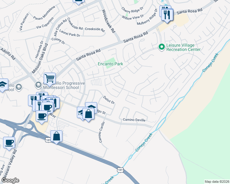 map of restaurants, bars, coffee shops, grocery stores, and more near 16305 Village 16 in Camarillo