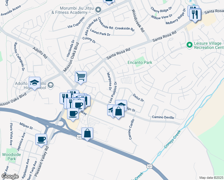 map of restaurants, bars, coffee shops, grocery stores, and more near 196 Mariposa Dr in Camarillo