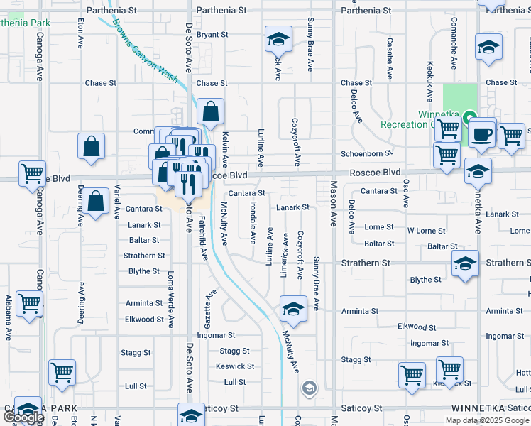 map of restaurants, bars, coffee shops, grocery stores, and more near 8139 Lurline Avenue in Los Angeles