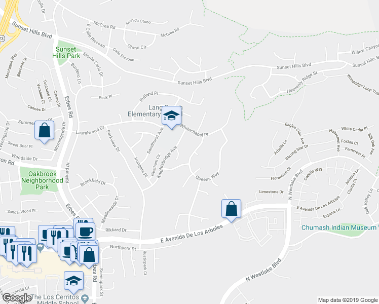 map of restaurants, bars, coffee shops, grocery stores, and more near 2875 Queens Way in Thousand Oaks