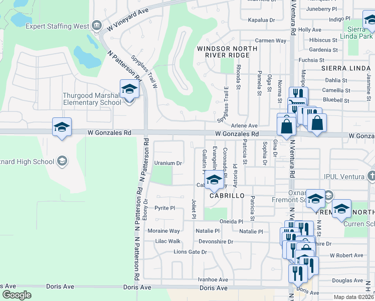 map of restaurants, bars, coffee shops, grocery stores, and more near 1800 Zircon Avenue in Oxnard