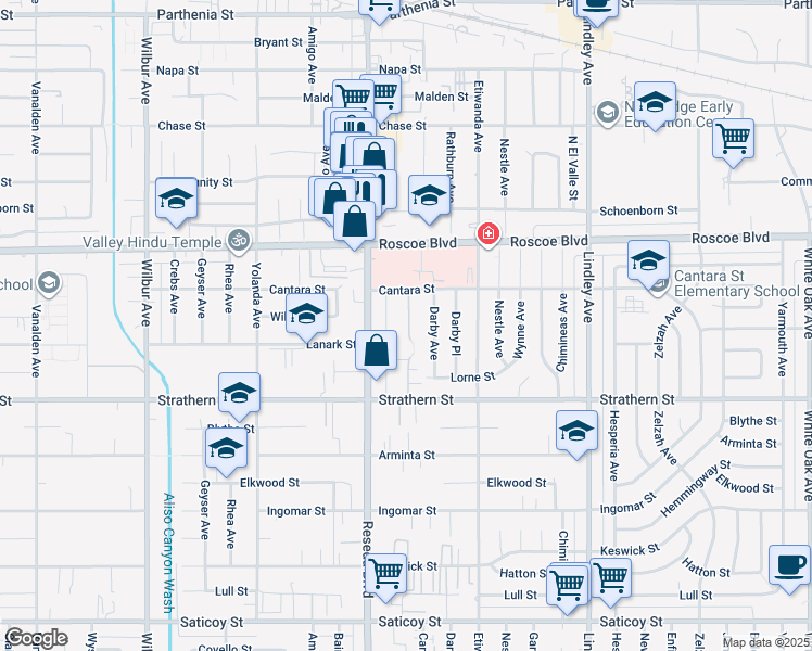 map of restaurants, bars, coffee shops, grocery stores, and more near 8121 Canby Avenue in Los Angeles