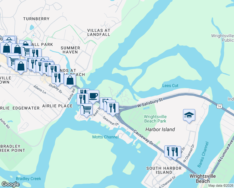 map of restaurants, bars, coffee shops, grocery stores, and more near 125 Driftwood Court in Wrightsville Beach