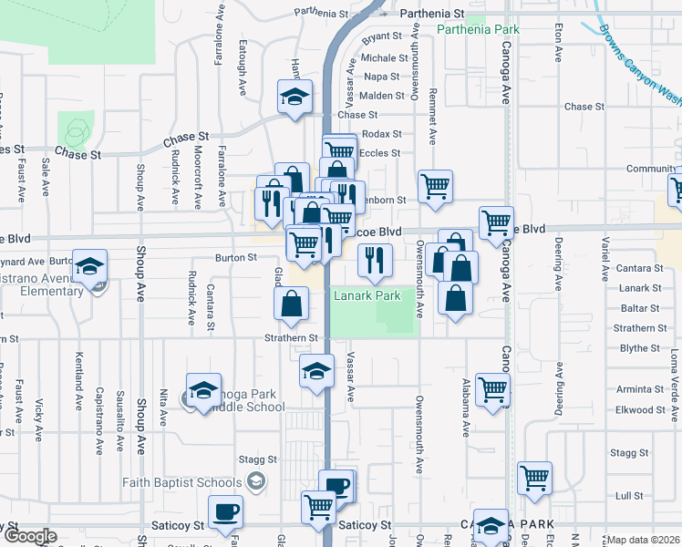map of restaurants, bars, coffee shops, grocery stores, and more near 21909 Lanark Street in Los Angeles