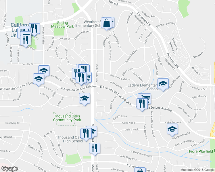 map of restaurants, bars, coffee shops, grocery stores, and more near 665 East Avenida De Los Arboles in Thousand Oaks