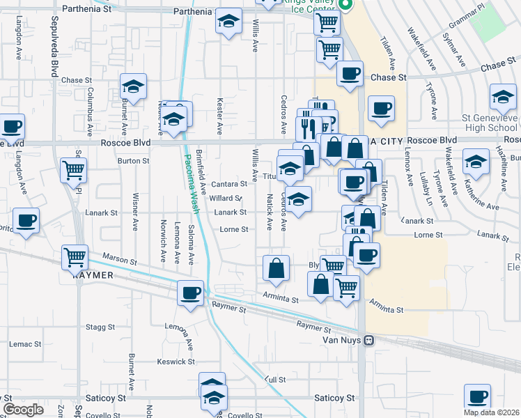 map of restaurants, bars, coffee shops, grocery stores, and more near 8102 Willis Avenue in Los Angeles