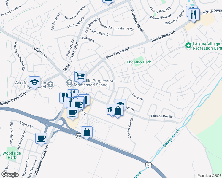 map of restaurants, bars, coffee shops, grocery stores, and more near 196 Mariposa Drive in Camarillo
