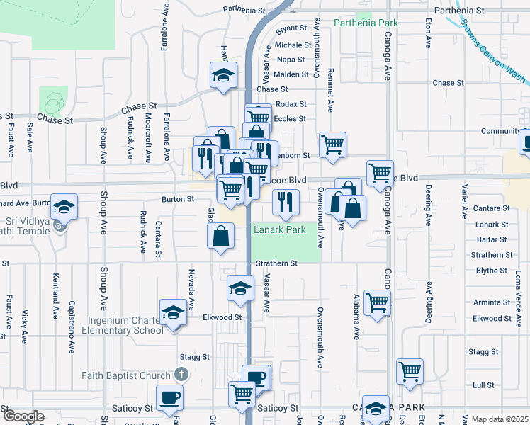 map of restaurants, bars, coffee shops, grocery stores, and more near 21909 Lanark Street in Los Angeles