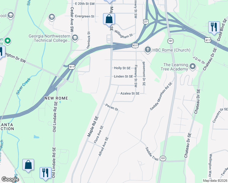 map of restaurants, bars, coffee shops, grocery stores, and more near 6 Flora Ave SE in Rome