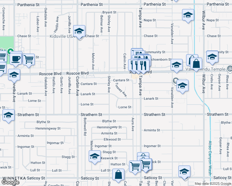 map of restaurants, bars, coffee shops, grocery stores, and more near 19455 Lanark Street in Los Angeles