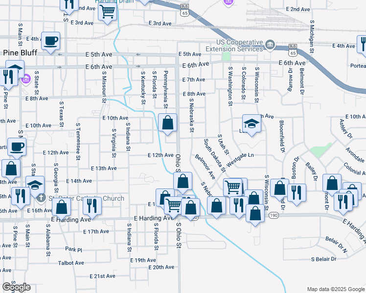 map of restaurants, bars, coffee shops, grocery stores, and more near 1209 Ohio Street in Pine Bluff