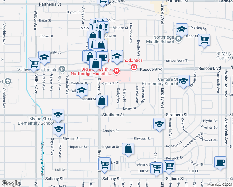 map of restaurants, bars, coffee shops, grocery stores, and more near 8121 Darby Avenue in Los Angeles