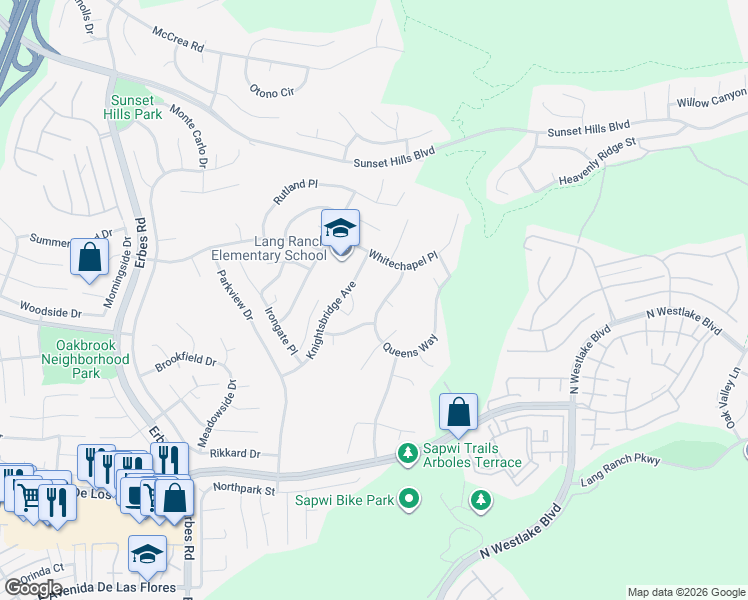 map of restaurants, bars, coffee shops, grocery stores, and more near 2875 Queens Way in Thousand Oaks