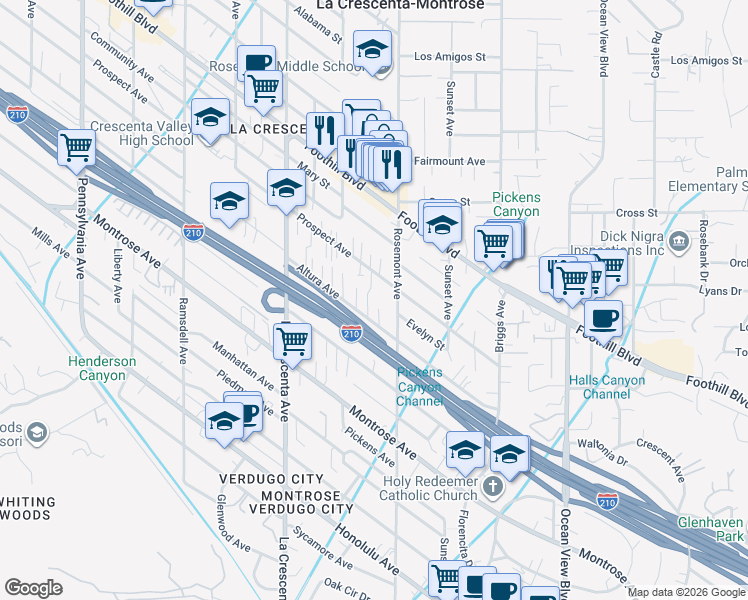 map of restaurants, bars, coffee shops, grocery stores, and more near 2629 Altura Avenue in La Crescenta-Montrose