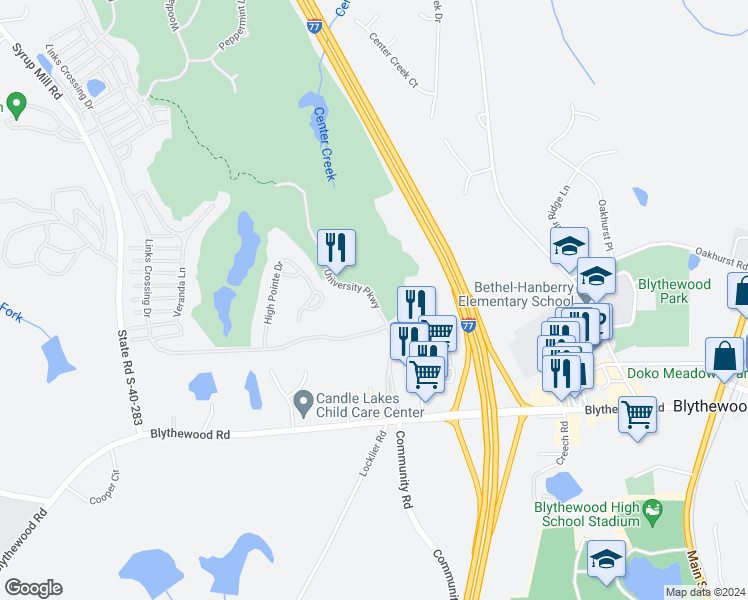 map of restaurants, bars, coffee shops, grocery stores, and more near 1148 University Parkway in Blythewood