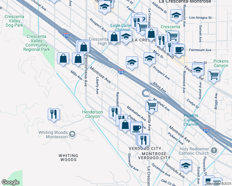 map of restaurants, bars, coffee shops, grocery stores, and more near 3019 Pinewood Lane in Glendale