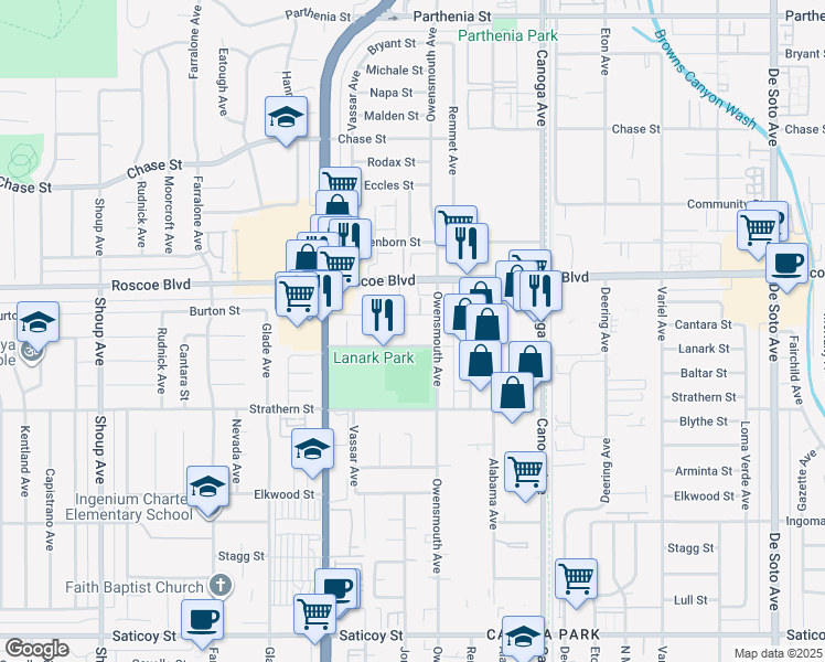 map of restaurants, bars, coffee shops, grocery stores, and more near 8211 Owensmouth Avenue in Los Angeles
