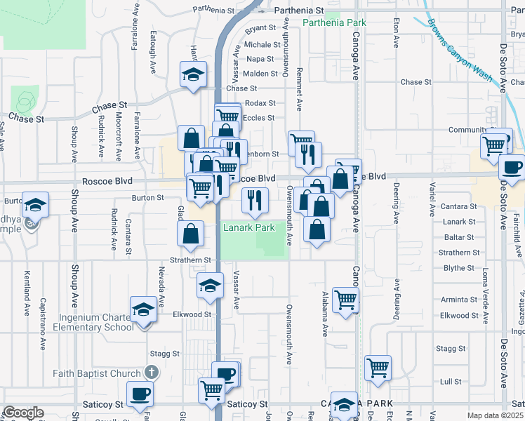 map of restaurants, bars, coffee shops, grocery stores, and more near 21817 Lanark Street in Los Angeles