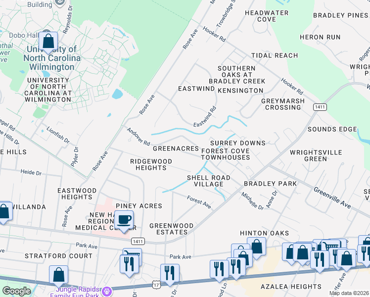 map of restaurants, bars, coffee shops, grocery stores, and more near 5431 Andover Road in Wilmington