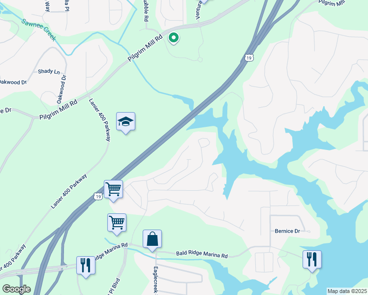 map of restaurants, bars, coffee shops, grocery stores, and more near 1343 Elderwood Way in Cumming