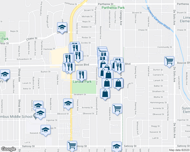 map of restaurants, bars, coffee shops, grocery stores, and more near 8211 Owensmouth Avenue in Los Angeles