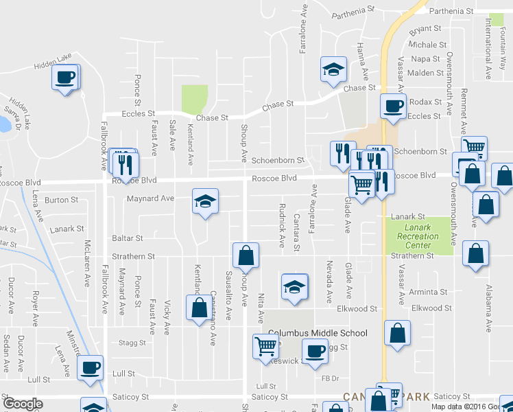 map of restaurants, bars, coffee shops, grocery stores, and more near 22345 Cantara Street in Los Angeles