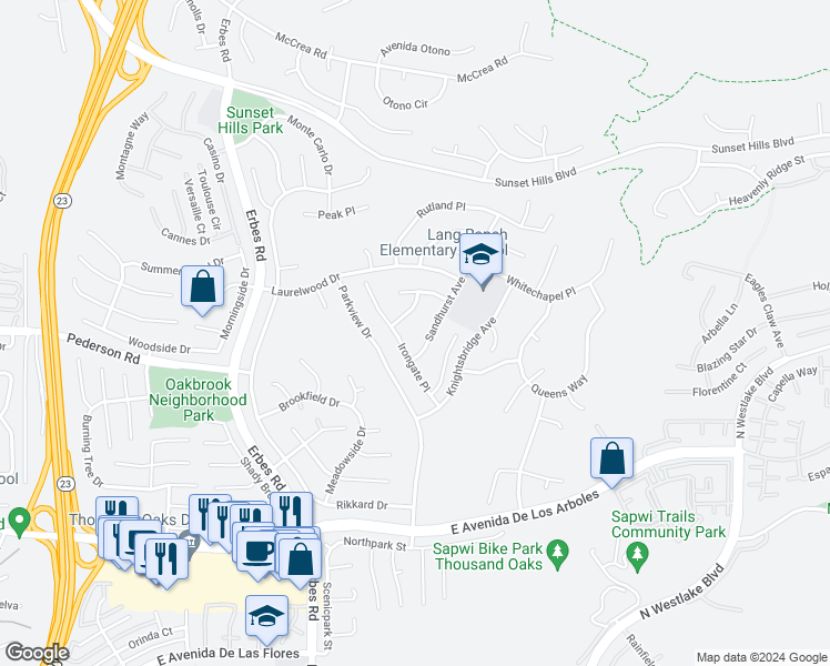 map of restaurants, bars, coffee shops, grocery stores, and more near 2826 Irongate Place in Thousand Oaks