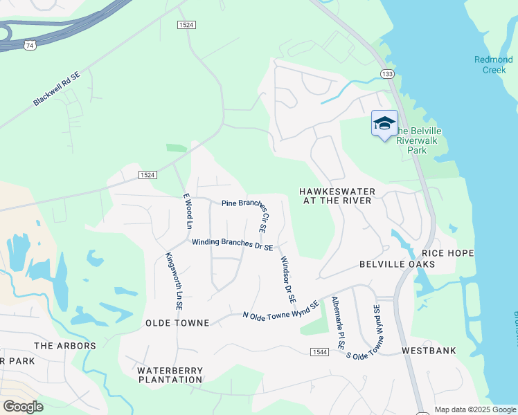 map of restaurants, bars, coffee shops, grocery stores, and more near 645 Pine Branches Circle Southeast in Belville