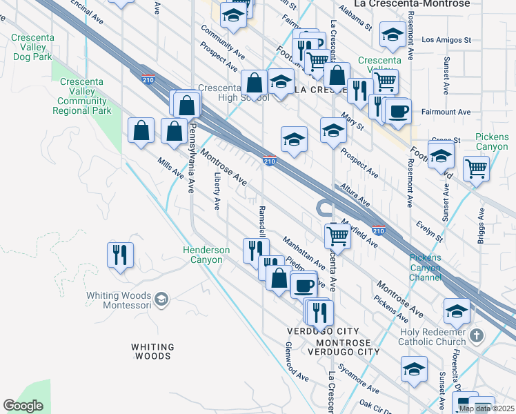 map of restaurants, bars, coffee shops, grocery stores, and more near 4031 Ramsdell Avenue in Glendale