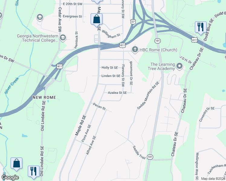 map of restaurants, bars, coffee shops, grocery stores, and more near 9 Azalea St SE in Rome