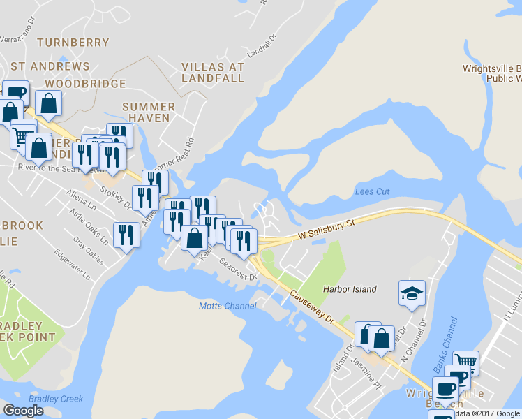map of restaurants, bars, coffee shops, grocery stores, and more near 132 Driftwood Court in Wrightsville Beach