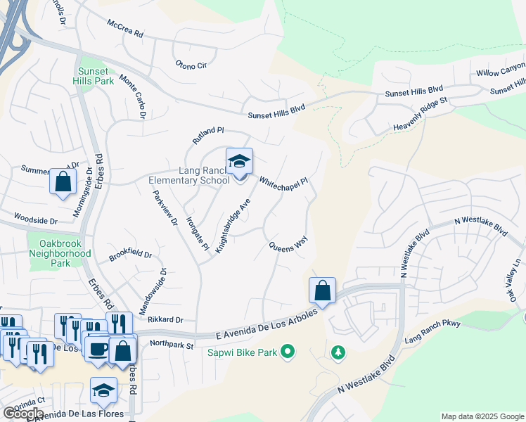 map of restaurants, bars, coffee shops, grocery stores, and more near 2875 Queens Way in Thousand Oaks