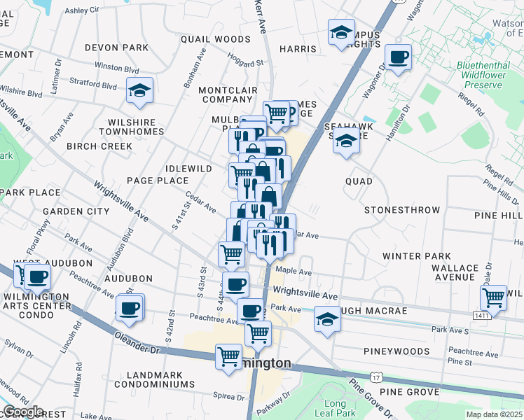 map of restaurants, bars, coffee shops, grocery stores, and more near 931 South Kerr Avenue in Wilmington