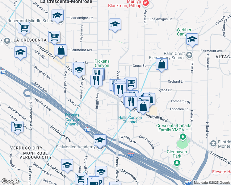 map of restaurants, bars, coffee shops, grocery stores, and more near in La Cañada Flintridge