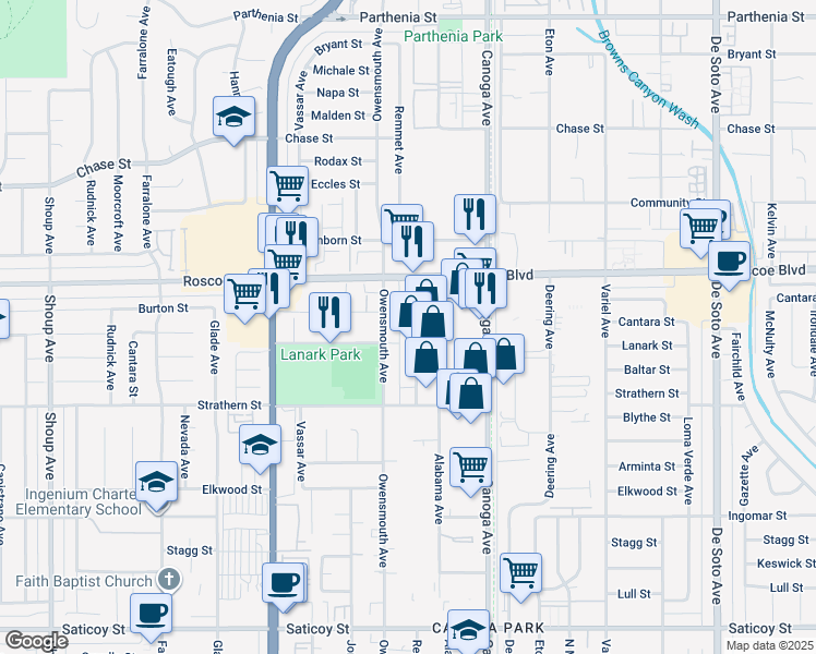 map of restaurants, bars, coffee shops, grocery stores, and more near 8211 Remmet Avenue in Los Angeles