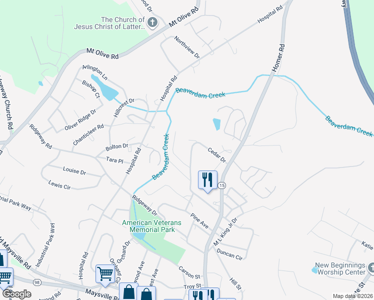 map of restaurants, bars, coffee shops, grocery stores, and more near 315 Cedar Drive in Commerce