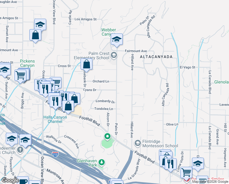 map of restaurants, bars, coffee shops, grocery stores, and more near 1908 Lyans Drive in La Cañada Flintridge