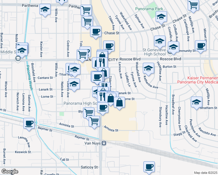 map of restaurants, bars, coffee shops, grocery stores, and more near 8101 Tilden Avenue in Los Angeles