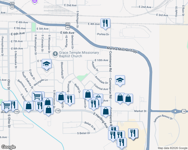 map of restaurants, bars, coffee shops, grocery stores, and more near 1500 Avondale Drive in Pine Bluff