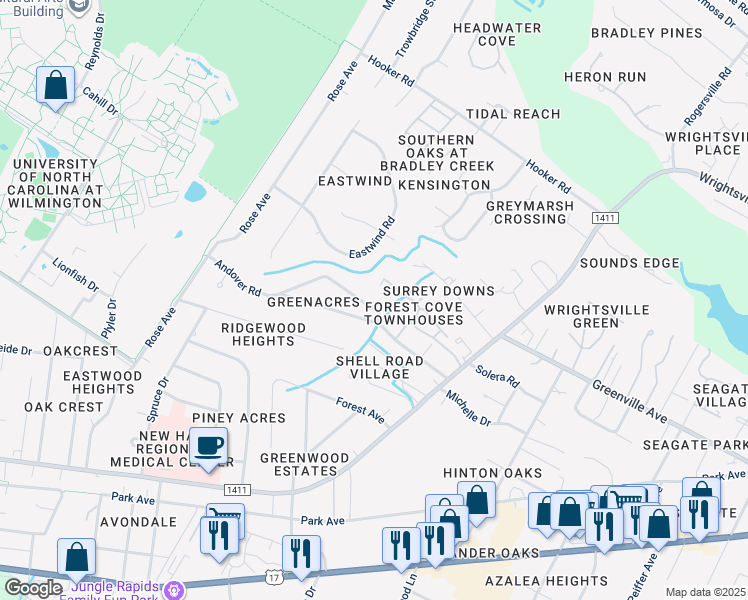 map of restaurants, bars, coffee shops, grocery stores, and more near 5461 Overbrook Road in Wilmington