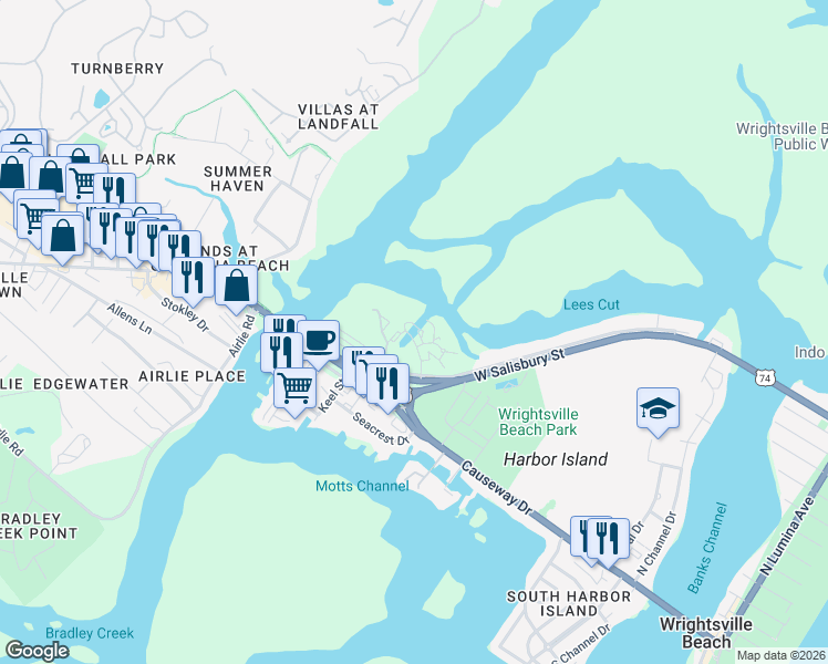 map of restaurants, bars, coffee shops, grocery stores, and more near 125 Driftwood Court in Wrightsville Beach
