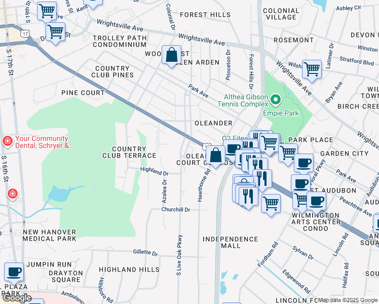 map of restaurants, bars, coffee shops, grocery stores, and more near 2940 Oleander Drive in Wilmington