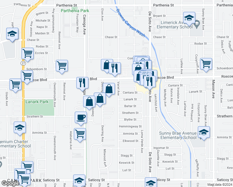 map of restaurants, bars, coffee shops, grocery stores, and more near 8137 Variel Avenue in Los Angeles