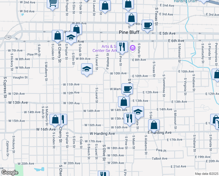 map of restaurants, bars, coffee shops, grocery stores, and more near 407 West Martin Place in Pine Bluff